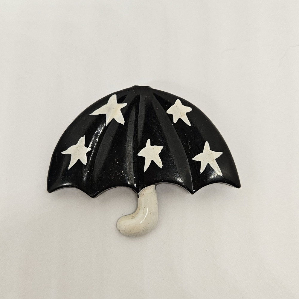Umbrella Brooch Pin Enamel Vintage Black White Stars